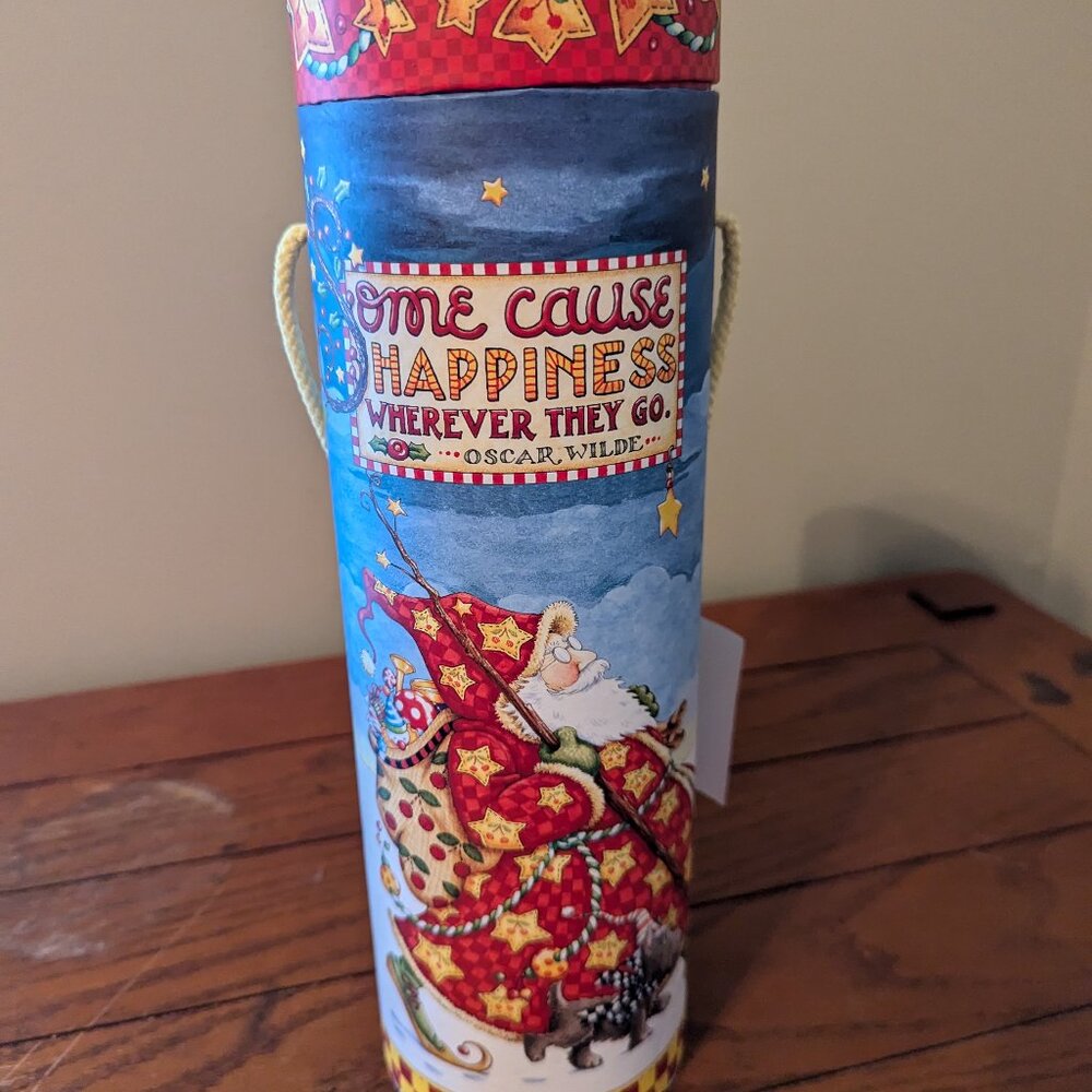 Mary Engelbreit Christmas Wine Tube "Some Cause Happiness" Oscar Wilde Santa